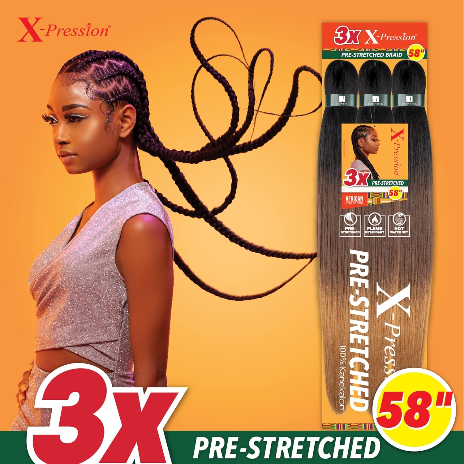 Sensationnel X-pression prestretched braiding hair - 3x braid 58 inch all kanekalon flame retardant synthetic braid for box braids and twists